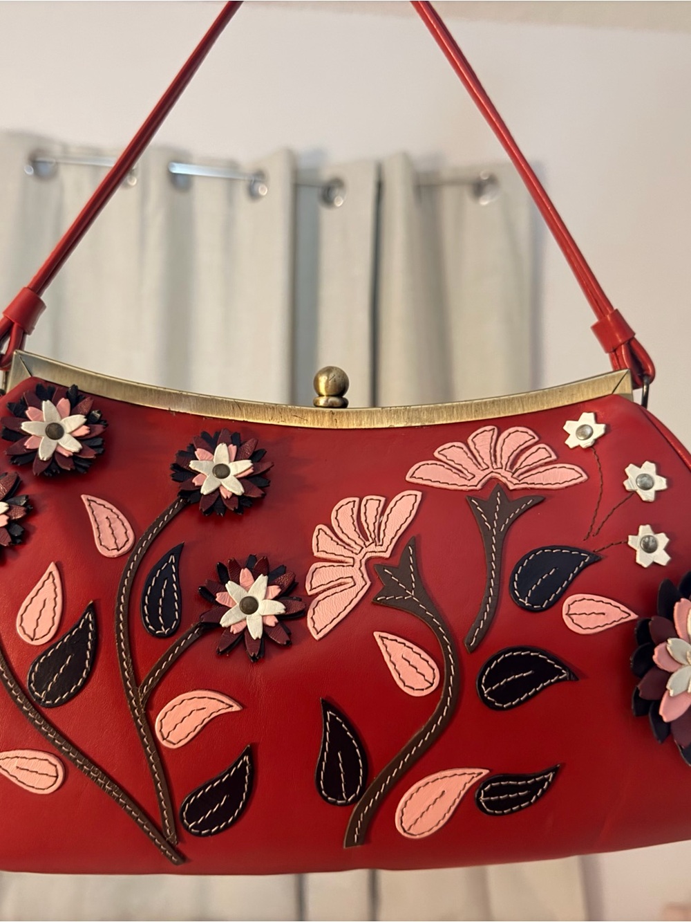 Red Floral Appliqué Women's Frame Bag